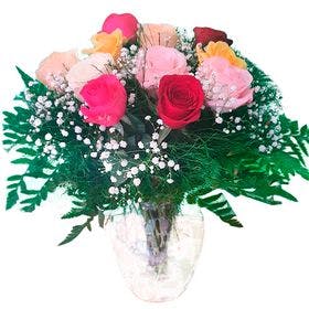 Vaso 12 Rosas coloridas e gipsofila